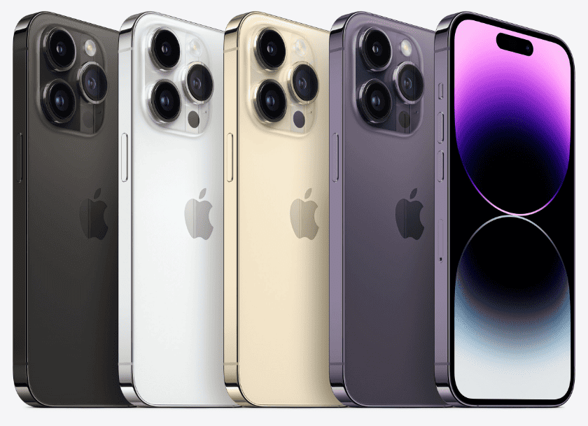 alt="display of images of varied color options of the Apple iPhone 14 pro max"