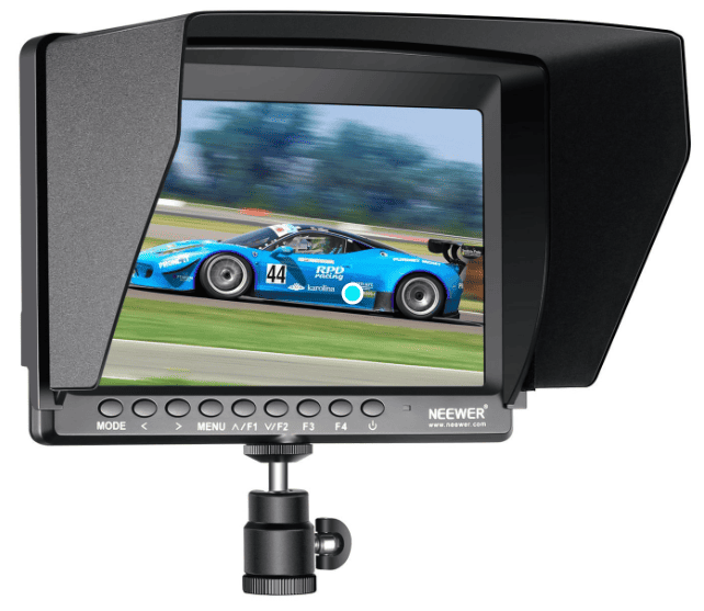 alt+"neewer F100 field monitor with hood, showing image of a race car"