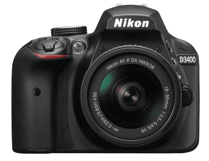alt="front view of the nikon d3400 dslr camera"