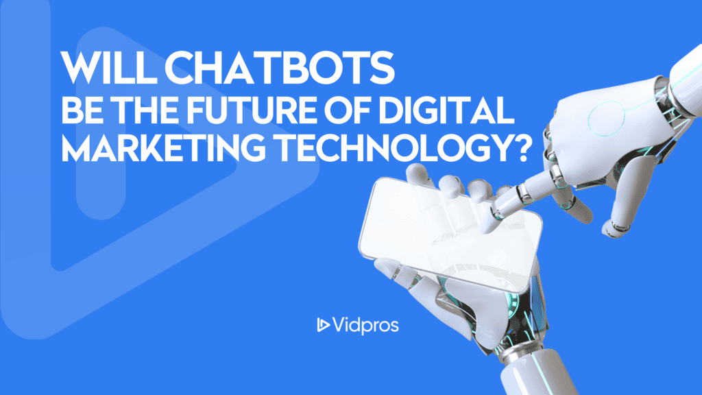 alt="robot hand holding a smartphone and navigating through chatbot commands for digital marketing"