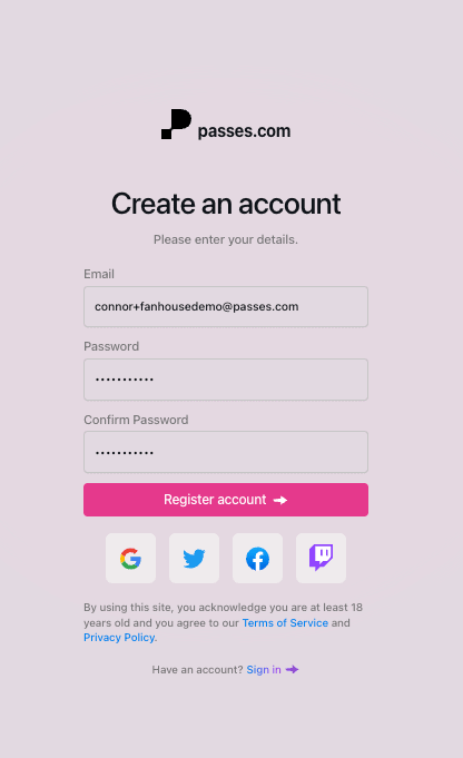 Passes Sign Up page