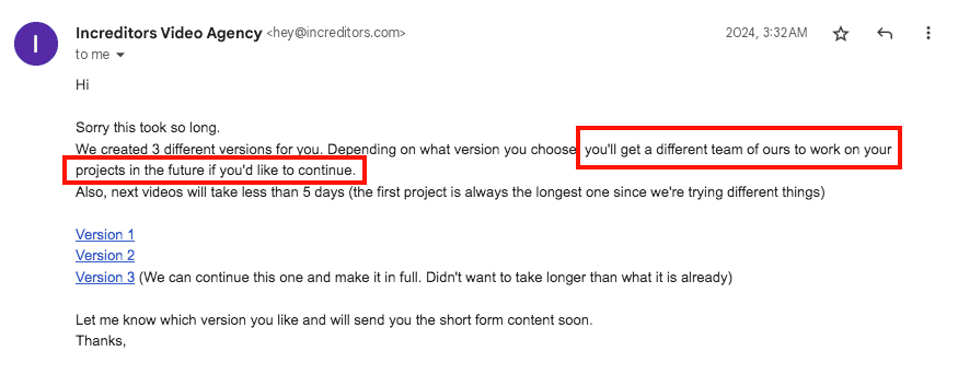 Increditors - client email convo