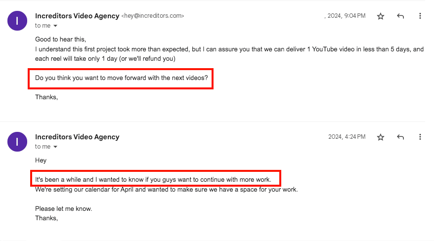 Increditors client email convo