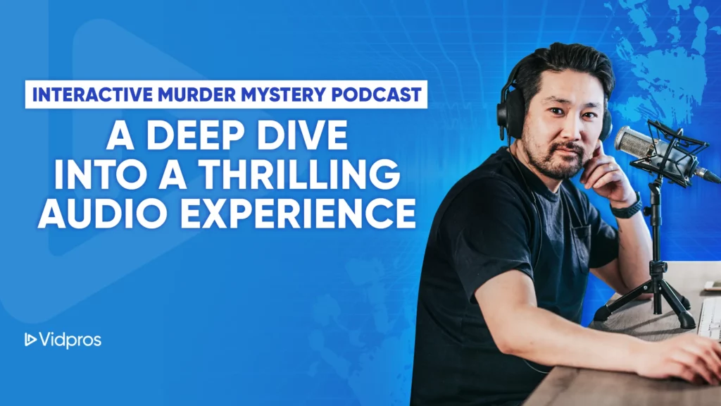 A man in headphones speaks into a microphone in a studio, promoting the interactive murder mystery podcast A Deep Dive into a Thrilling Audio Experience. The image features a blue background with a subtle world map design, perfectly setting the stage for this captivating audio journey.