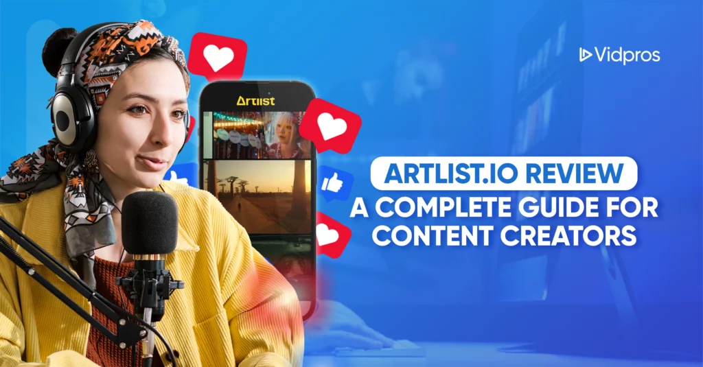 A woman wearing headphones and a patterned headscarf speaks into a microphone. Behind her, a smartphone screen displays video thumbnails and the text Artlist.io Review: A Complete Guide for Content Creators. Social media icons are visible, highlighting the versatility of the Artlist.io app.