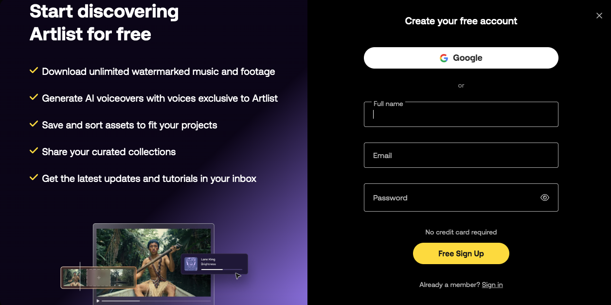 Website landing page showing benefits of Artlist, such as downloading music and generating AI voiceovers. Right side features a sign-up form with fields for full name, email, and password, along with options to sign up with Google or create a free account.