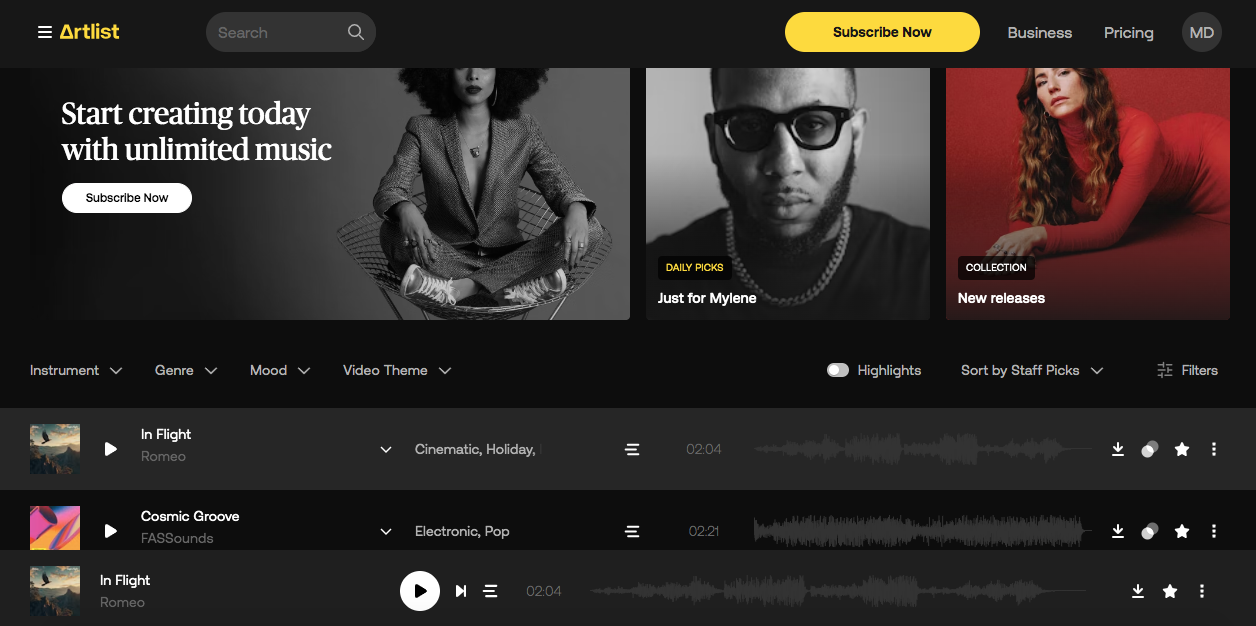 A music streaming app interface showing a playlist with two tracks: In Flight and Cosmic Groove. Above are promotions: a person meditating, a person wearing glasses, and a music release. The background is dark with yellow and red accents.