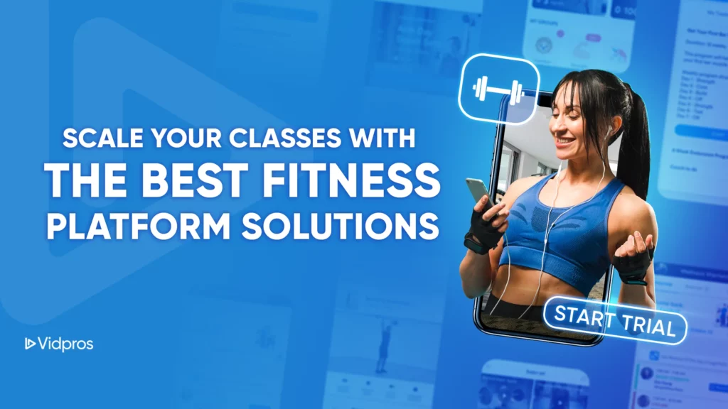 a woman in a fitness outfit with text beside that say best fitness platform solutions