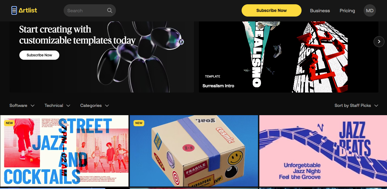 A webpage screenshot showing Artlists homepage. The top banner promotes customizable templates. Below are colorful thumbnails for projects like Street Jazz and Cocktails and Jazz Beats. Menu options include software, technology, and categories.