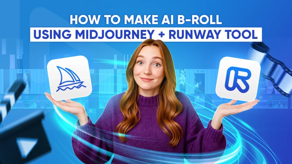 a woman holding logos of Midjourney and Runway for AI B roll
