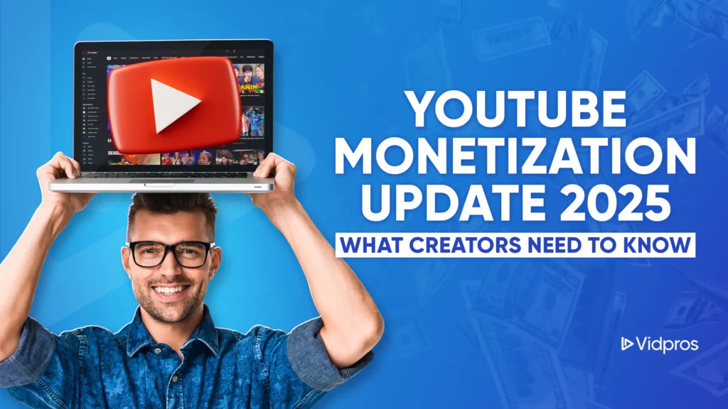 a man holding a laptop on top of his head with a YouTube logo on the screen and text that says YouTube Monetization Update