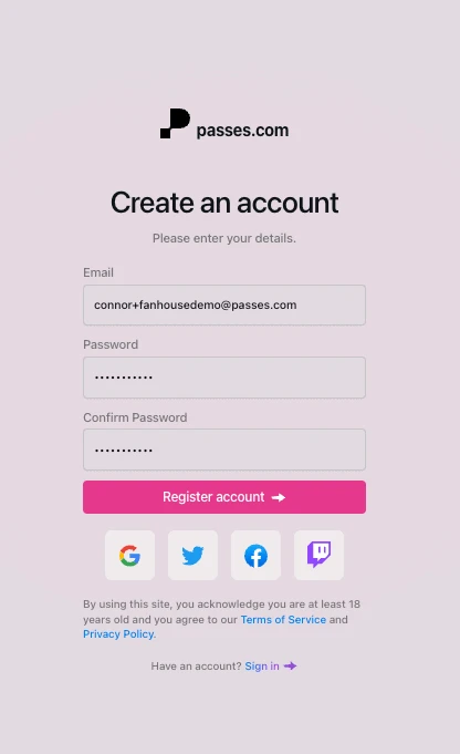 Passes Sign Up page