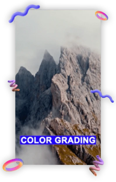 Dramatic mountains shrouded in mist with Color Grading text overlay. Perfect for showcasing your video editing skills on platforms like TikTok. Surrounded by colorful, swirling ribbons on the image borders.