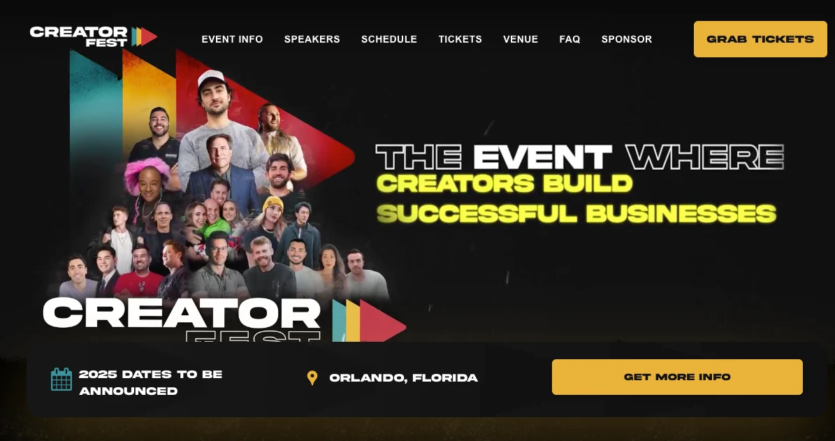 A promotional banner for Creator Fest featuring multiple people. Text reads: The event where creators build successful businesses. It includes options for event info, speakers, schedule, tickets, venue, FAQ, sponsor, and buttons for grabbing tickets and more info.