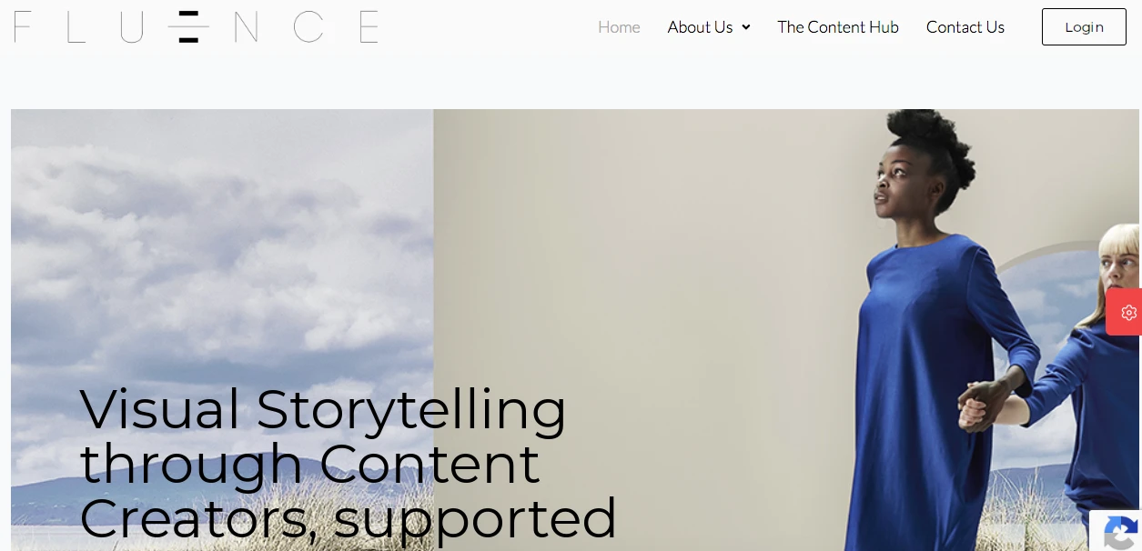 A website homepage shows two women in blue clothing standing against a neutral background. The text reads, Visual Storytelling through Content Creators, supported. Menu options include Home, About Us, The Content Hub, and Contact Us, with a login button.