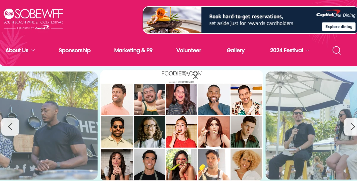 Collage of people smiling at an outdoor event under a pink banner that reads food SOBEWFF South Beach Wine & Food Festival. A Capital One ad with Book hard-to-get reservations is at the top right. Various event tabs are visible: About Us, Sponsorship, etc.