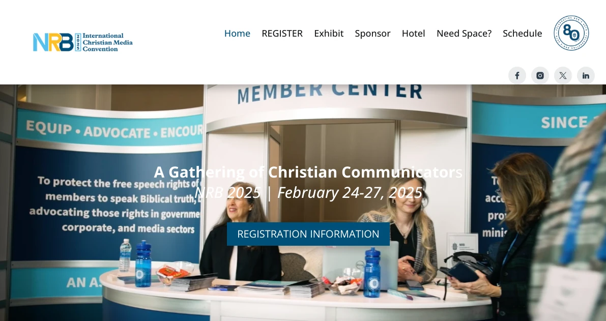 A group of people are seated at a round registration booth at a Christian media convention. The booth displays signs about advocacy and communication. A banner above reads, A Gathering of Christian Communicators, NRB 2025, February 24-27, 2025.