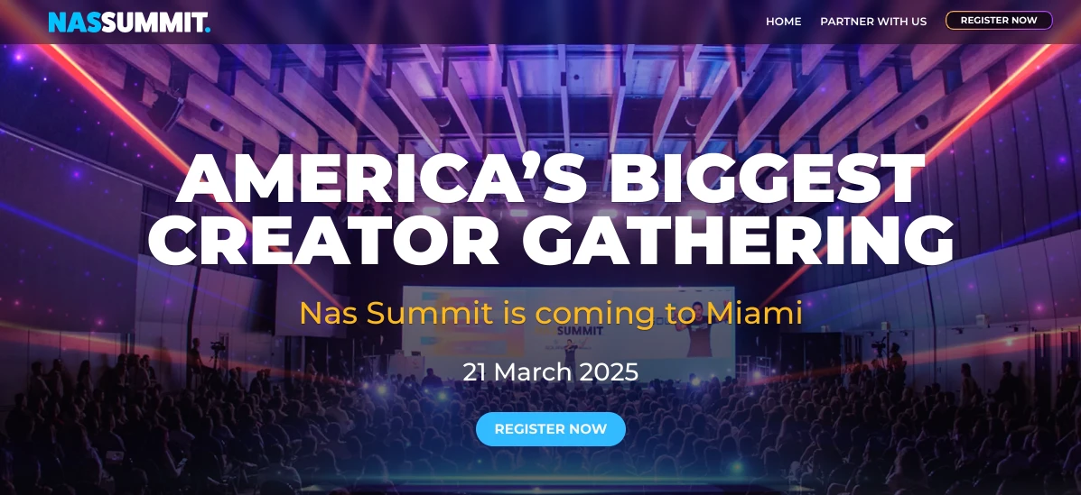 Banner for Americas Biggest Creator Gathering, by Nas Summit in Miami on March 21, 2025. The image shows a crowded event hall with vibrant lighting, a stage, and options to register or partner.