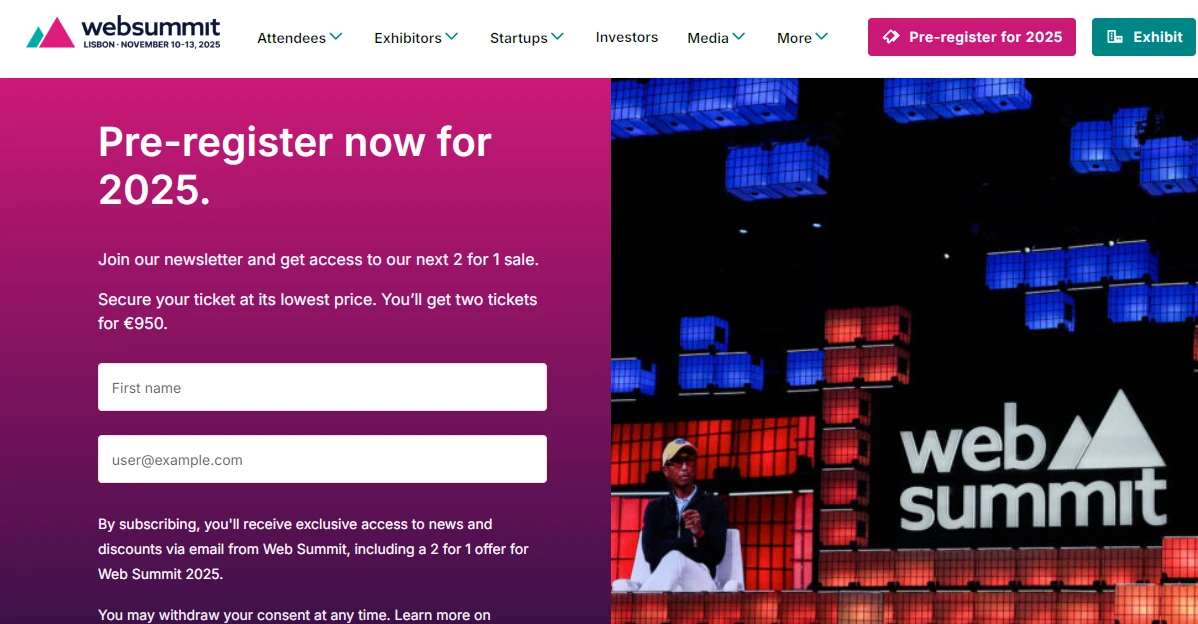 The image shows a website banner for Web Summit 2025, inviting users to pre-register. It includes placeholder fields for a name and email, promotional text about ticket offers, and a stage with a speaker and the Web Summit logo in the background.